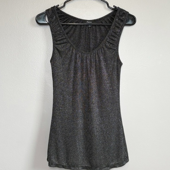 Express Tops - Express Fitted Ruched Black Shimmer Sleeveless Blouse Tank Top Medium